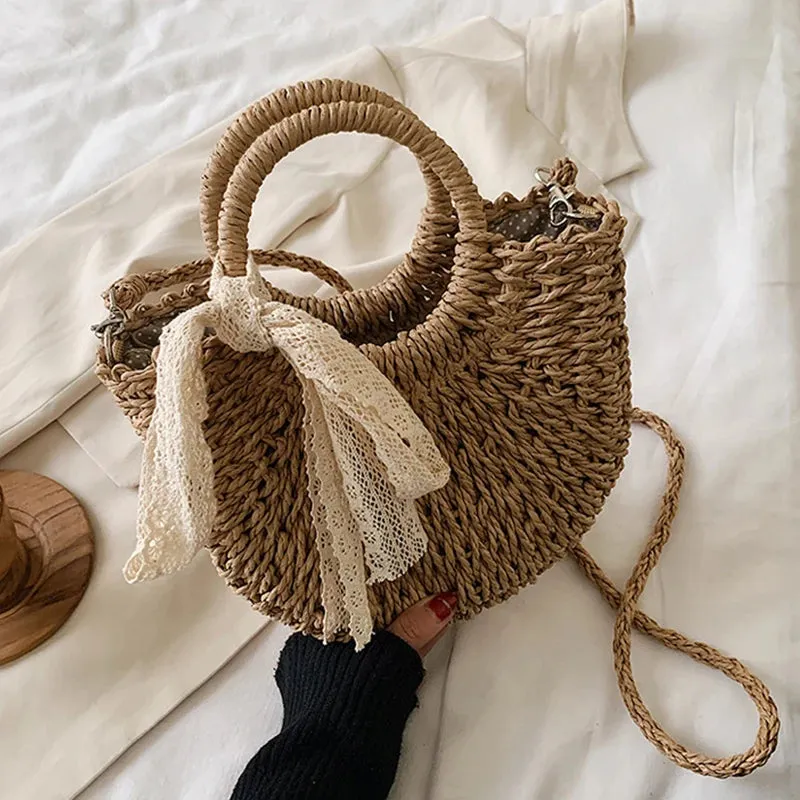 Hand-Woven Moon Shape Straw Bag