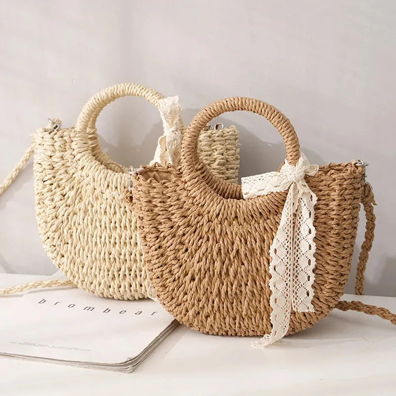 Hand-Woven Moon Shape Straw Bag