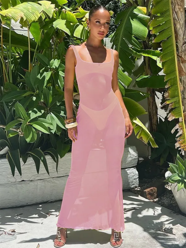 Mesh See-Through Slim Fit Maxi Dress with Square Neck