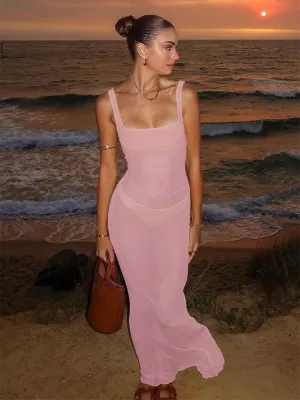 Mesh See-Through Slim Fit Maxi Dress with Square Neck