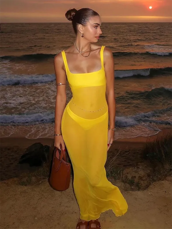 Mesh See-Through Slim Fit Maxi Dress with Square Neck