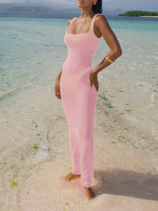 Mesh See-Through Slim Fit Maxi Dress with Square Neck