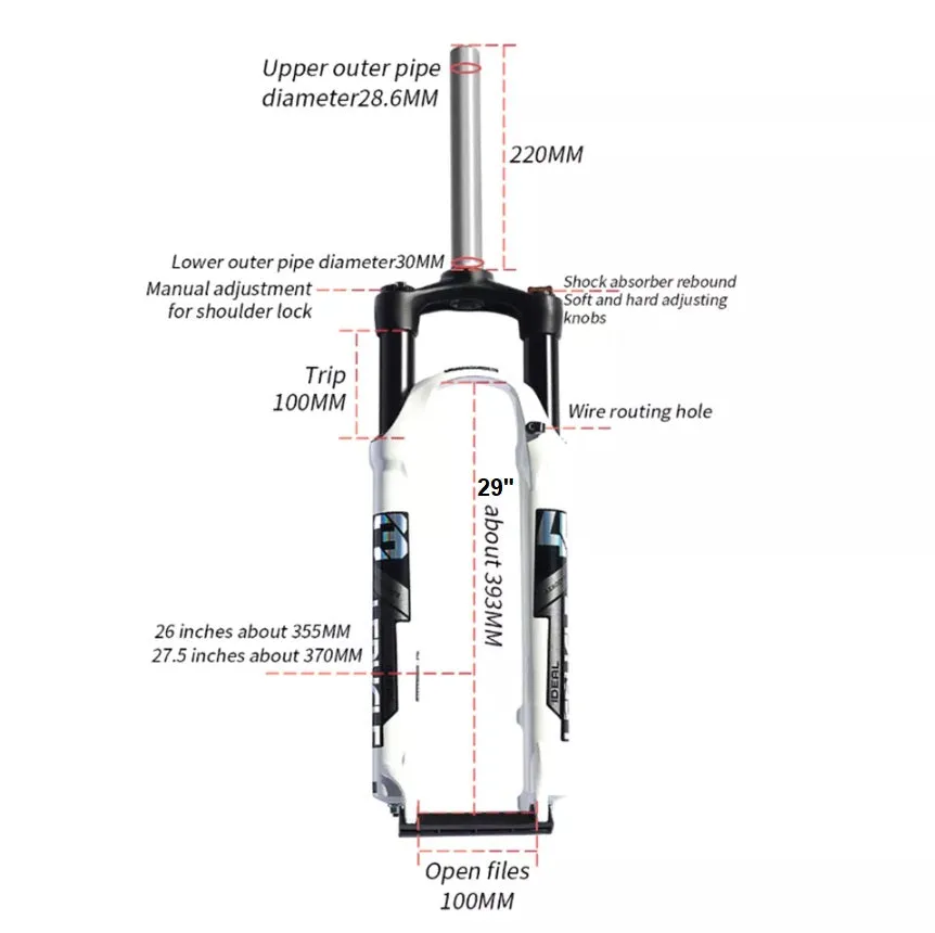 MTB Bike Fork - 26" 28.6mm, Spring Suspension, 10cm travel, Aluminum, Black