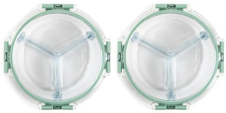 New 26oz Round Glass Food Storage Container with Three Dividers- Airtight & Leakproof- Set of 2 CORE HOME