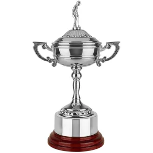 Nickel Plated Ryder Cup Award With Golf Lid - Rosewood Finish Base
