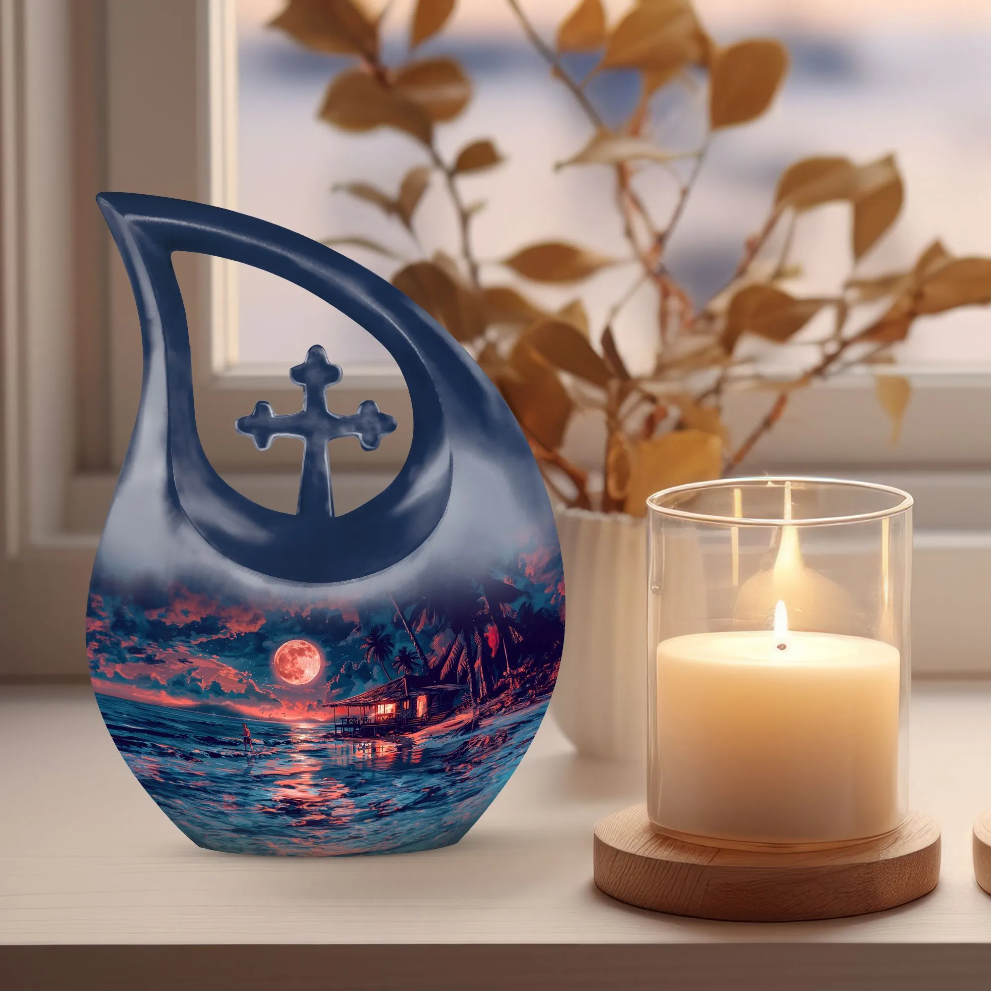Night Beach Cross Drop Custom Memorial Urn for Ashes