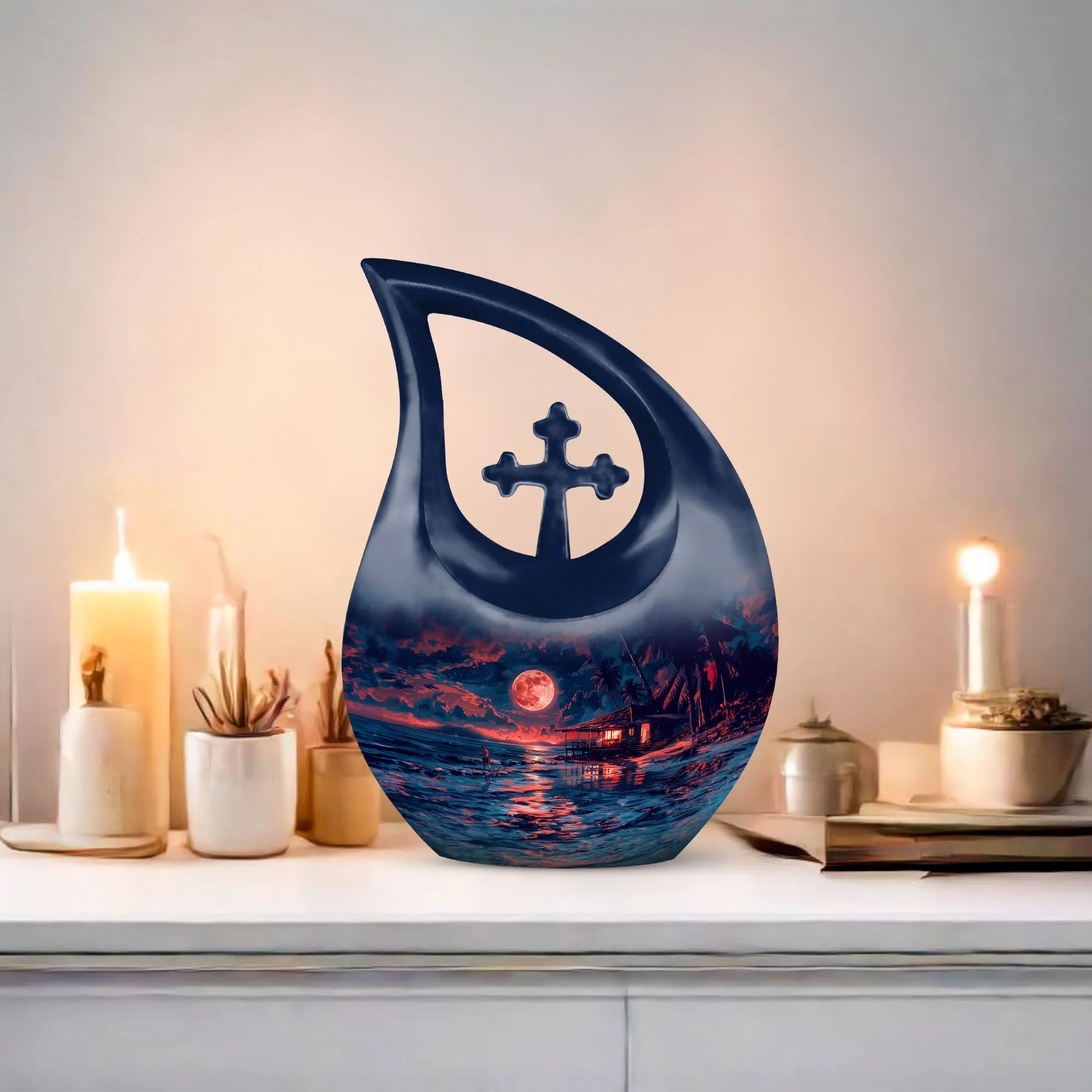 Night Beach Cross Drop Custom Memorial Urn for Ashes