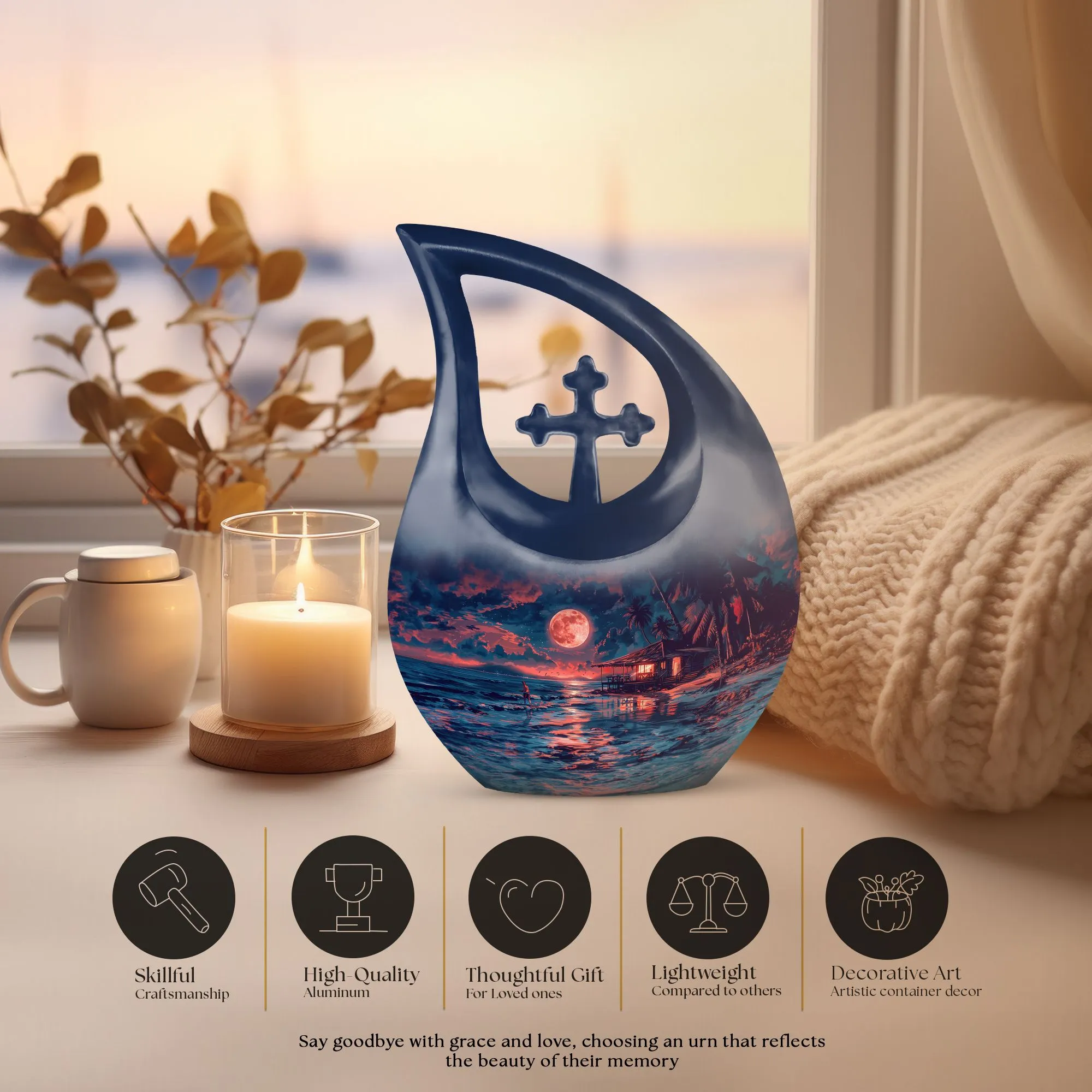 Night Beach Cross Drop Custom Memorial Urn for Ashes