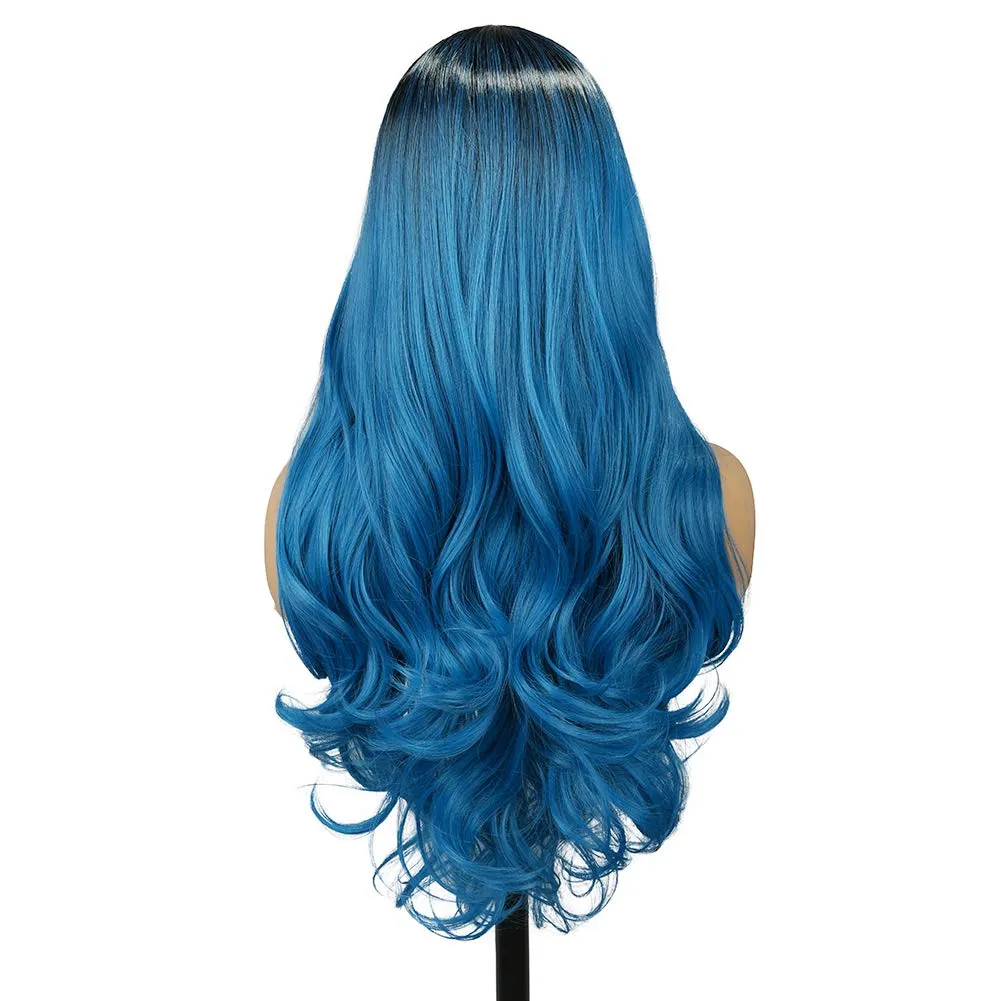 Ombre Blue Long Curly Wigs for Women