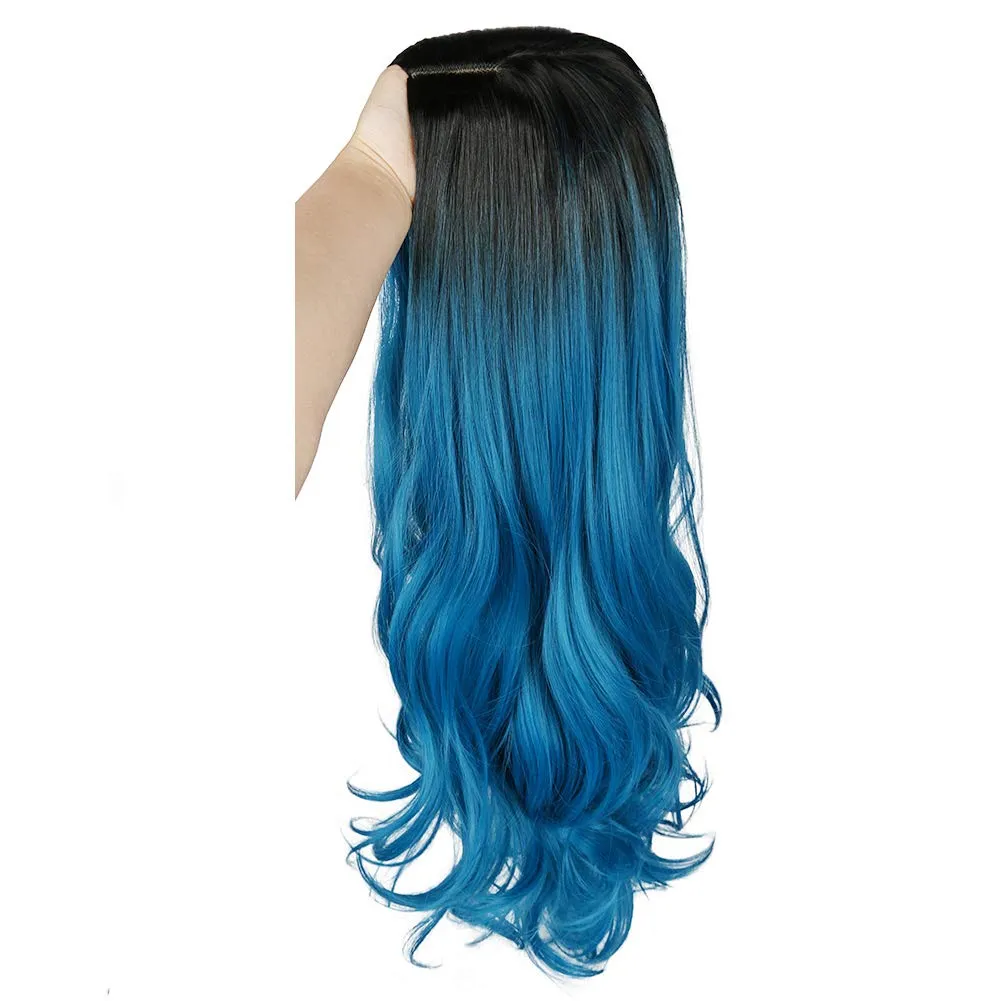Ombre Blue Long Curly Wigs for Women