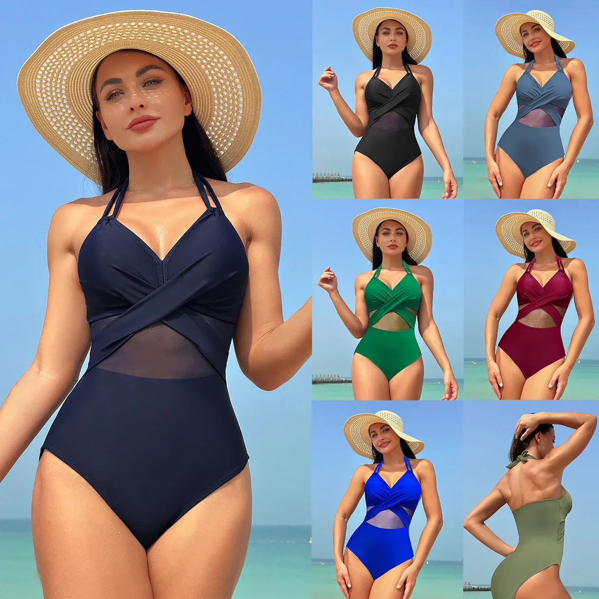 One-Piece Swimsuit for Women - Pure Colour Mesh Bikini