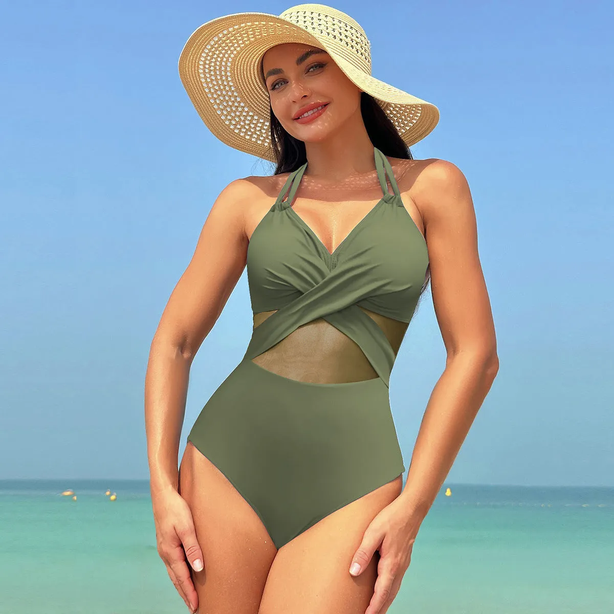 One-Piece Swimsuit for Women - Pure Colour Mesh Bikini