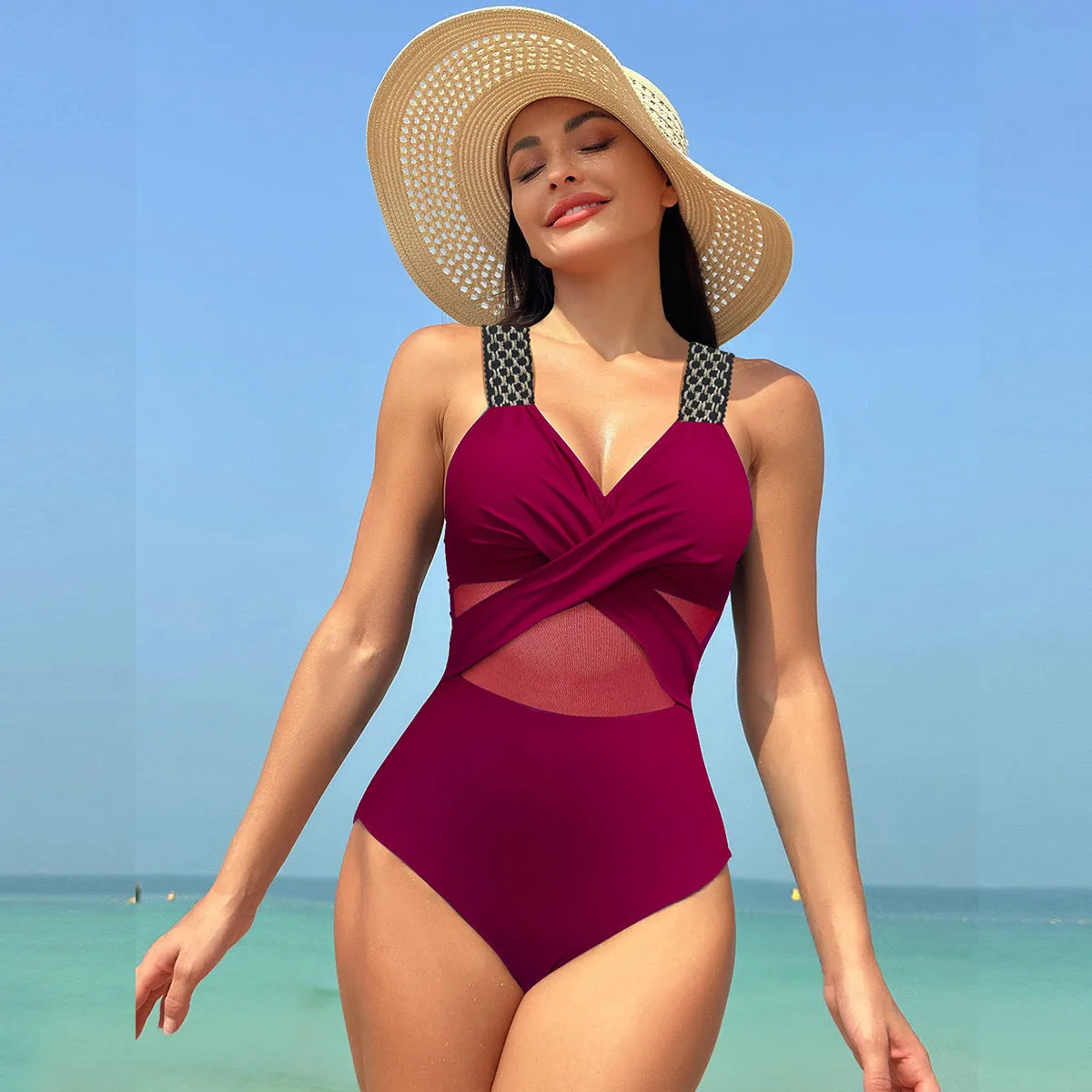 One-Piece Swimsuit for Women - Pure Colour Mesh Bikini