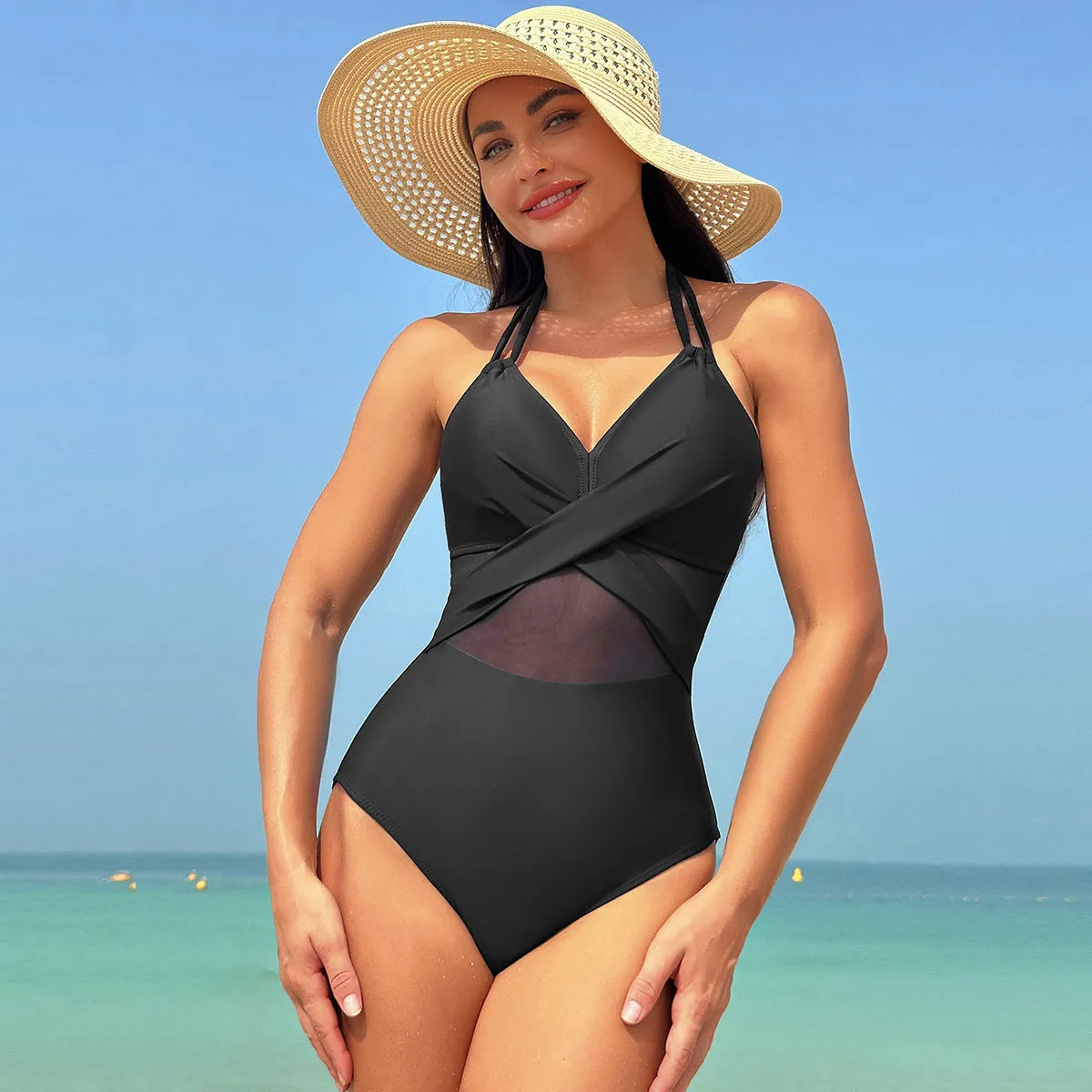 One-Piece Swimsuit for Women - Pure Colour Mesh Bikini
