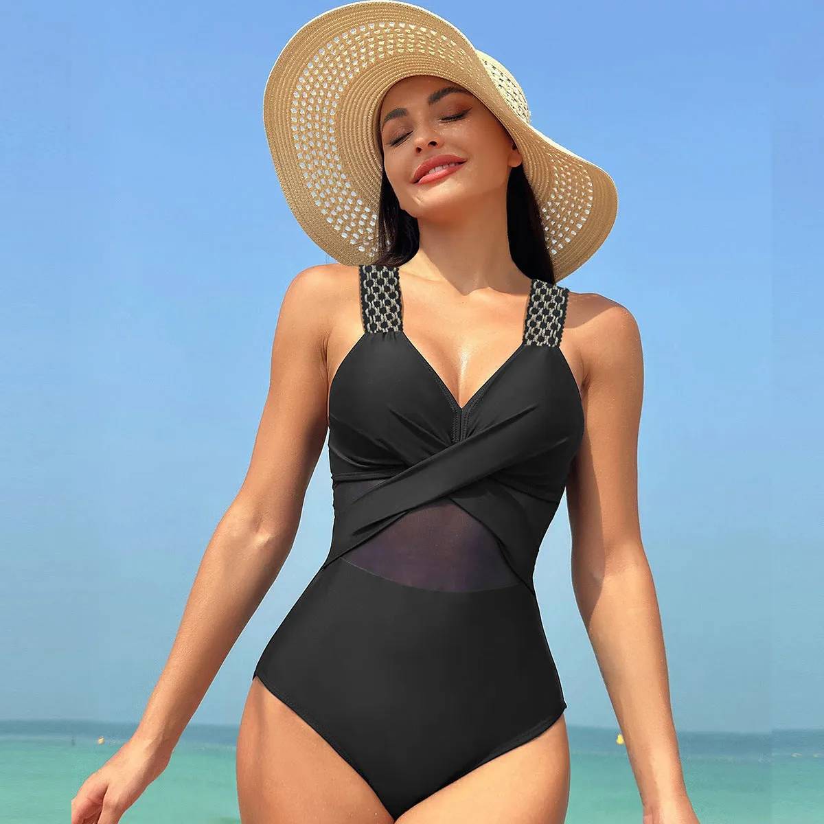 One-Piece Swimsuit for Women - Pure Colour Mesh Bikini