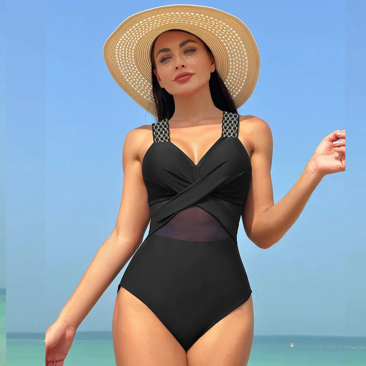 One-Piece Swimsuit for Women - Pure Colour Mesh Bikini