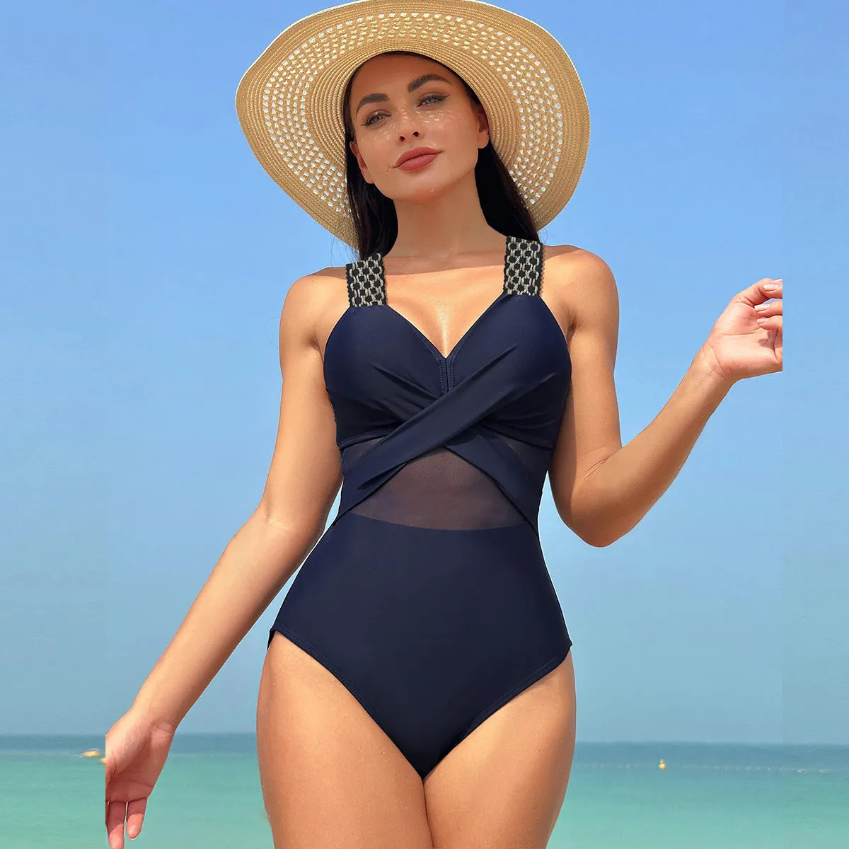 One-Piece Swimsuit for Women - Pure Colour Mesh Bikini