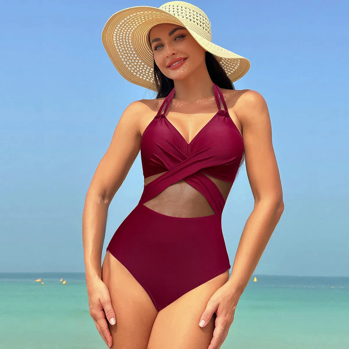 One-Piece Swimsuit for Women - Pure Colour Mesh Bikini