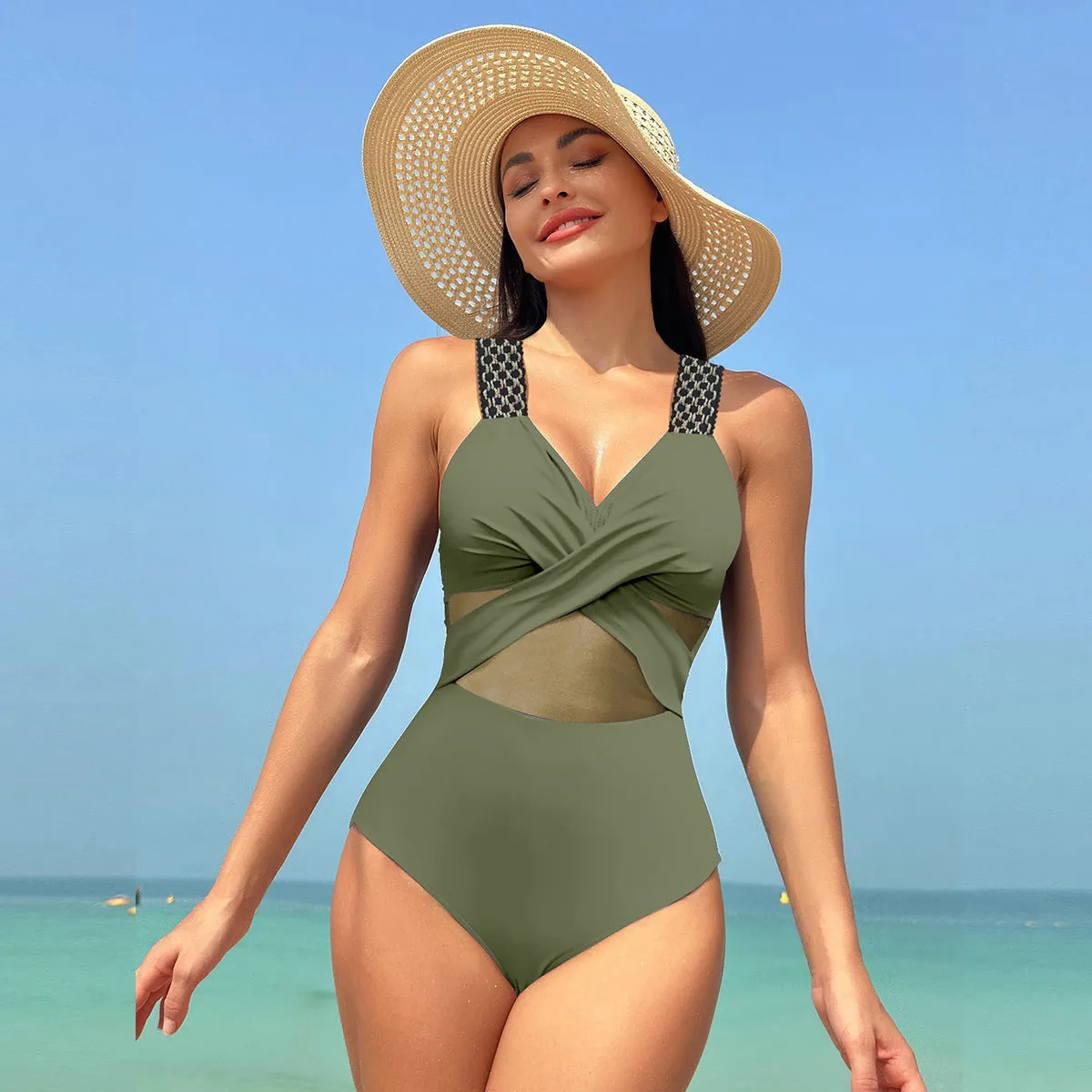 One-Piece Swimsuit for Women - Pure Colour Mesh Bikini