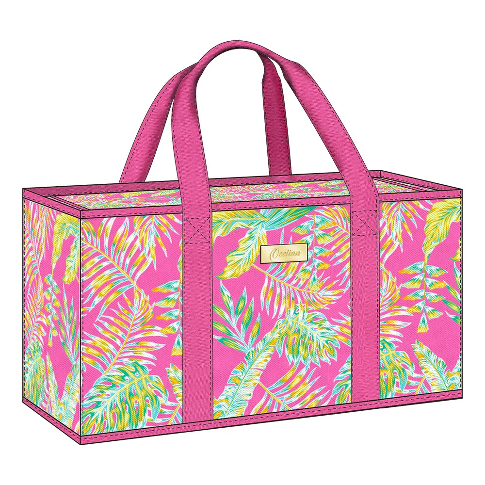 Pink Large Utility Tote Bag with Green Fern Design