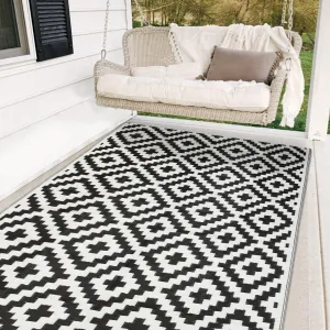 SAND MINE Waterproof Outdoor Rug 5x8 ft, Plastic Reversible Rug, Modern Area Rug, Large Floor Mat for Outdoors, RV, Patio, Backyard, Deck, Picnic, Beach, Camping (5' x 8', Black & White Lattice)