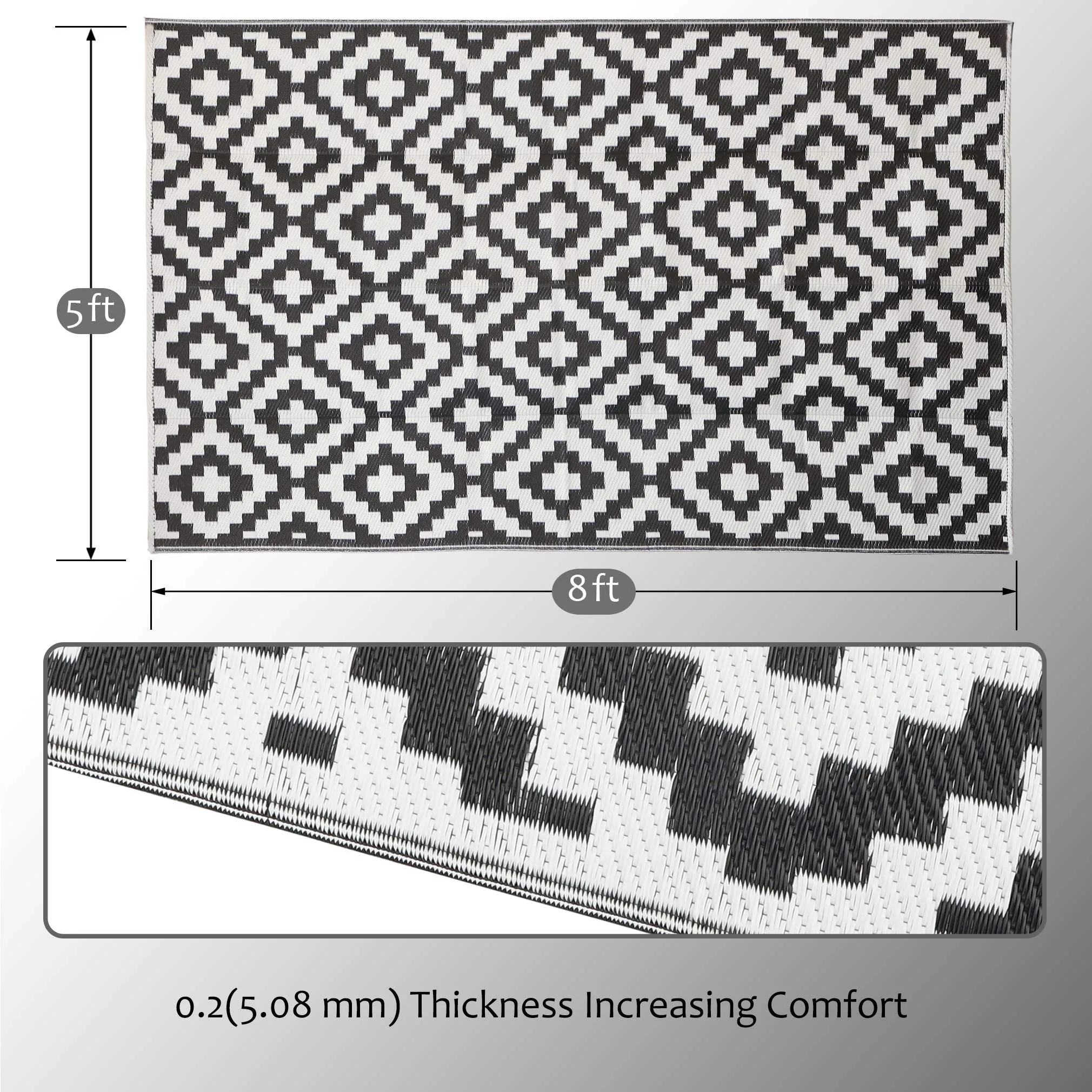 SAND MINE Waterproof Outdoor Rug 5x8 ft, Plastic Reversible Rug, Modern Area Rug, Large Floor Mat for Outdoors, RV, Patio, Backyard, Deck, Picnic, Beach, Camping (5' x 8', Black & White Lattice)