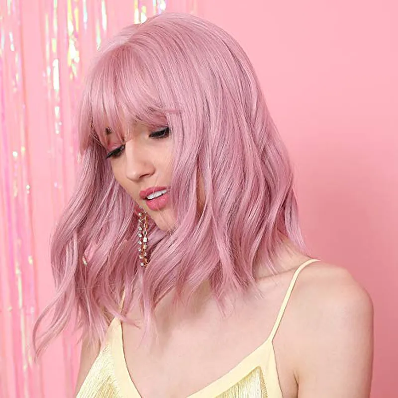 Short Pink Bob Wigs With Bangs