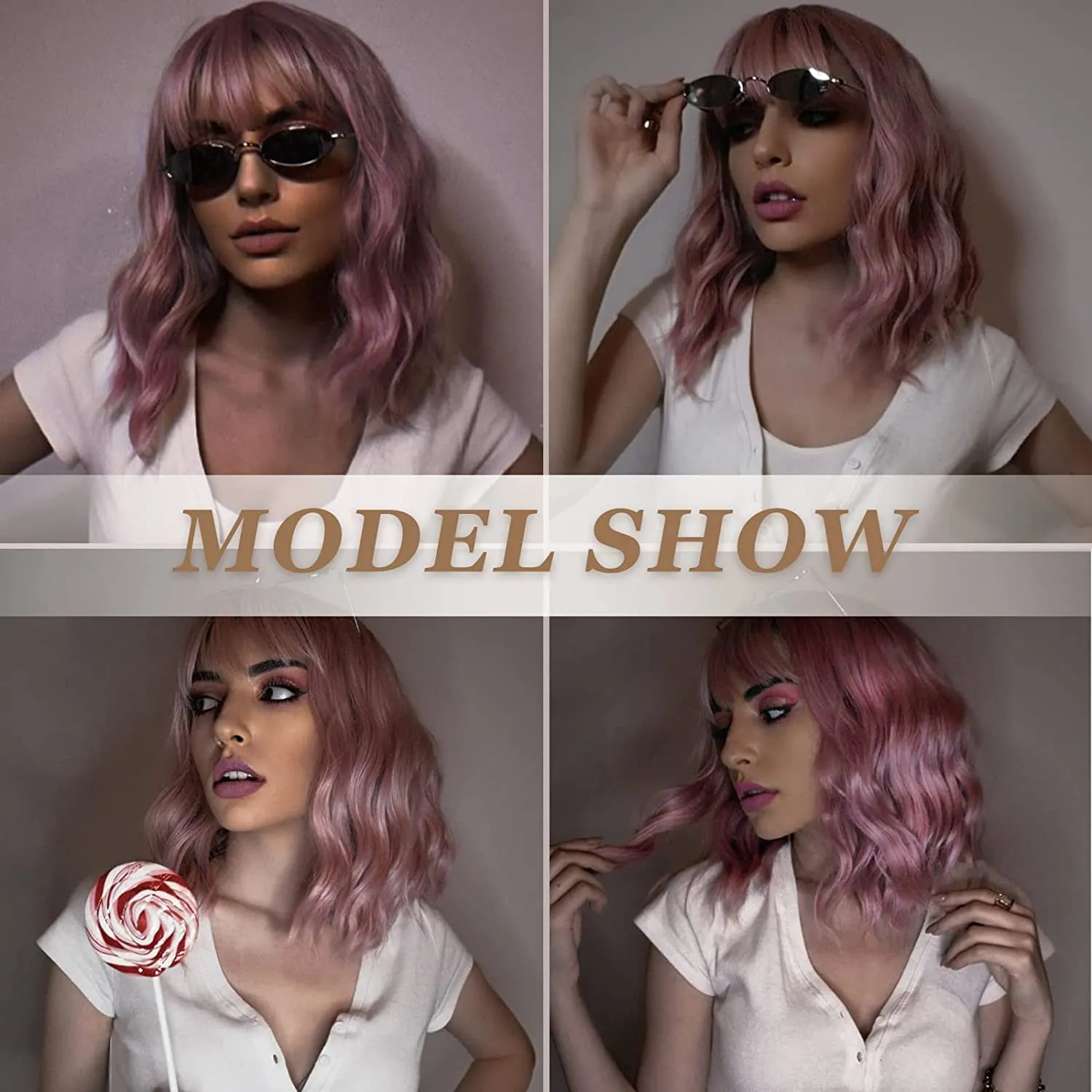 Short Pink Bob Wigs With Bangs