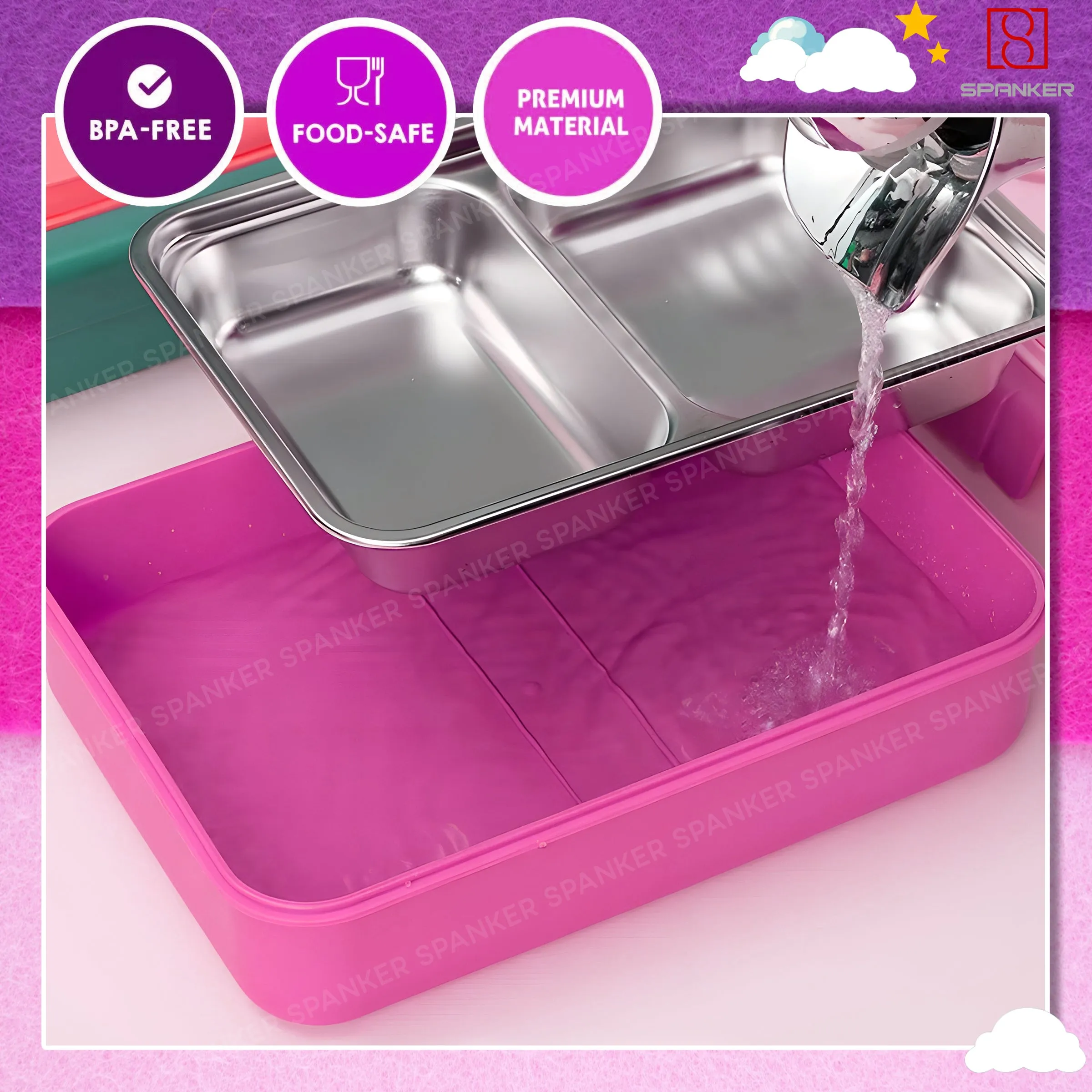 Spanker 1050ML Stainless Steel Insulation BPA Free Leak-Proof 5 Compartment Lunch Box with 3 pc Cutlery Bento Box for Kid Adult Student Children - Pink