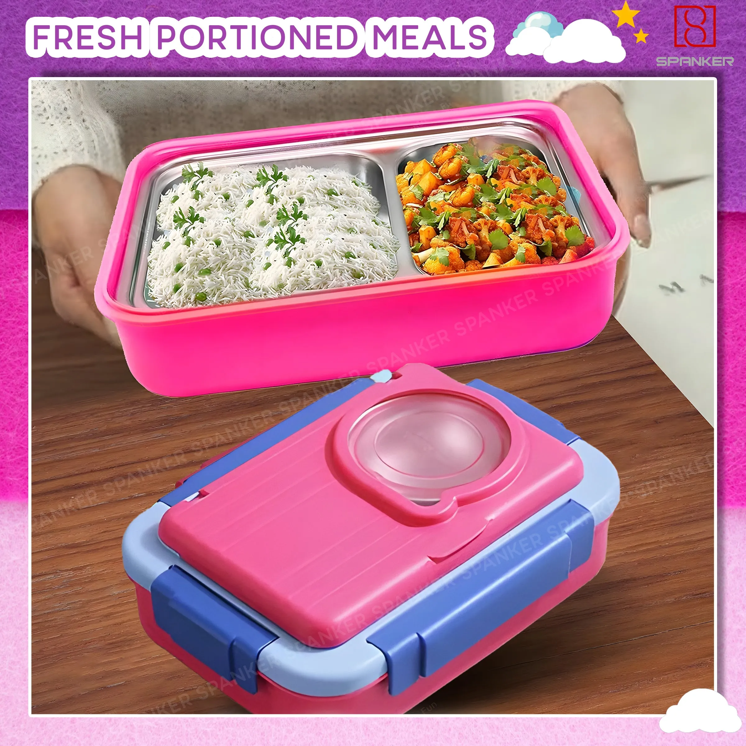 Spanker 1050ML Stainless Steel Insulation BPA Free Leak-Proof 5 Compartment Lunch Box with 3 pc Cutlery Bento Box for Kid Adult Student Children - Pink