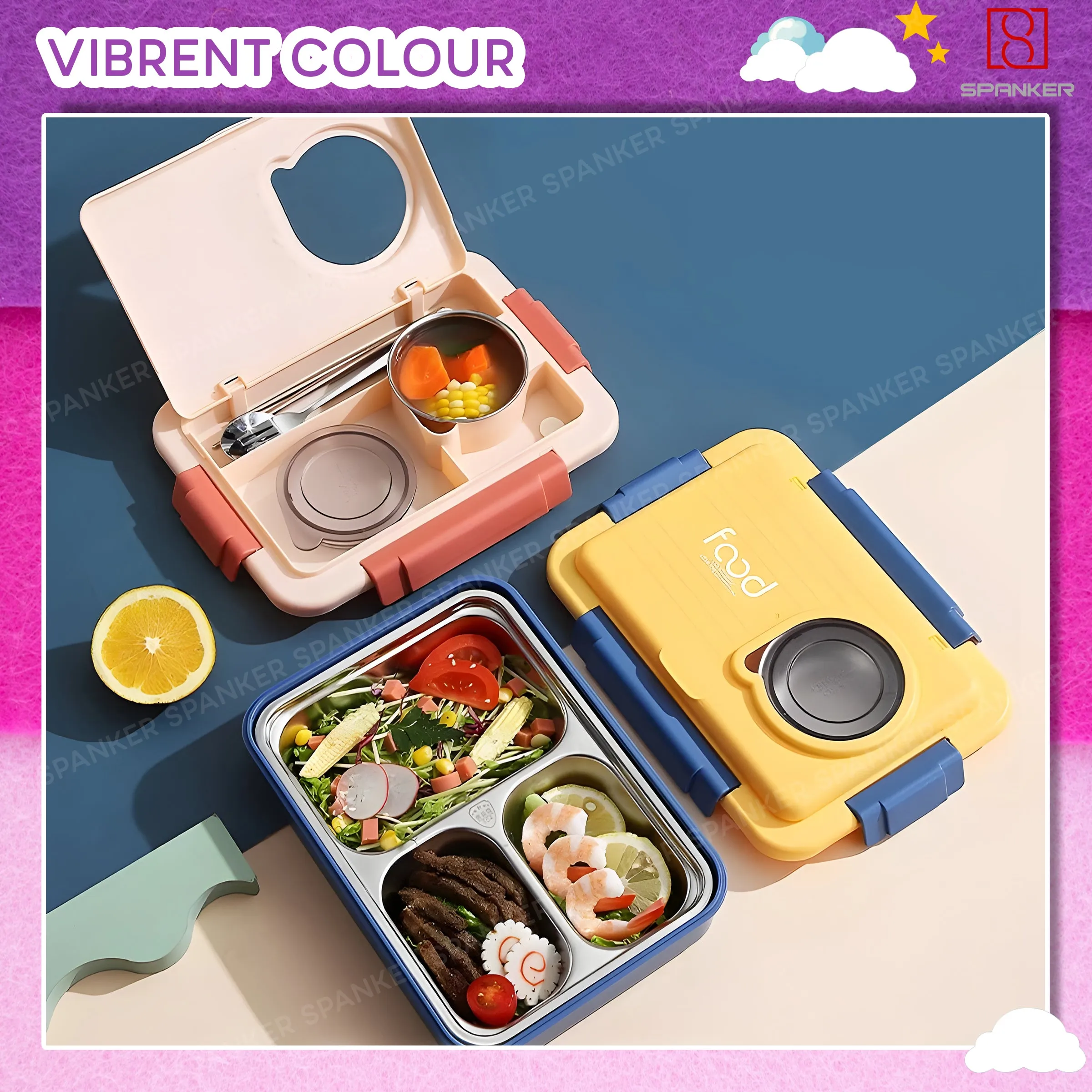 Spanker 1050ML Stainless Steel Insulation BPA Free Leak-Proof 5 Compartment Lunch Box with 3 pc Cutlery Bento Box for Kid Adult Student Children - Pink