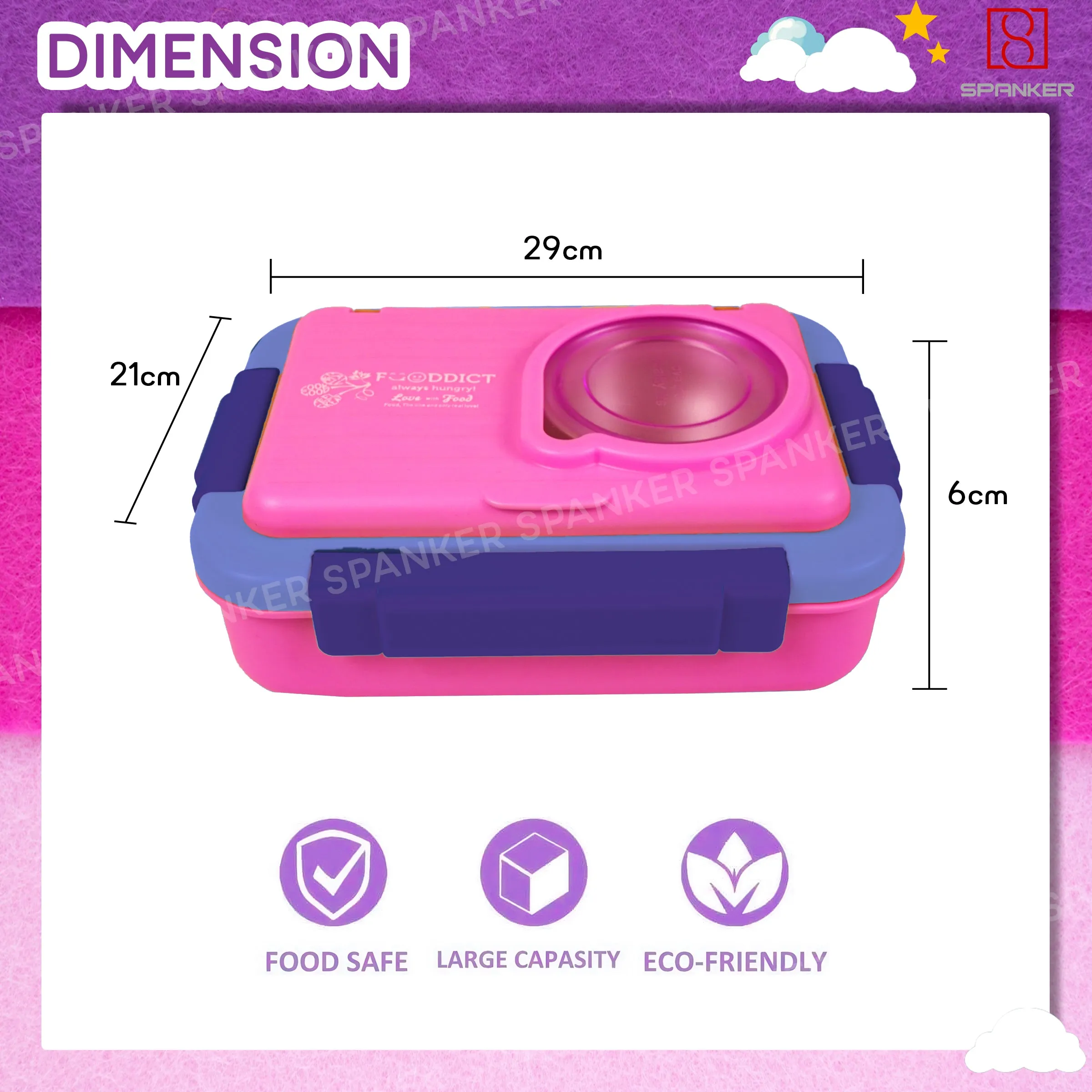 Spanker 1050ML Stainless Steel Insulation BPA Free Leak-Proof 5 Compartment Lunch Box with 3 pc Cutlery Bento Box for Kid Adult Student Children - Pink