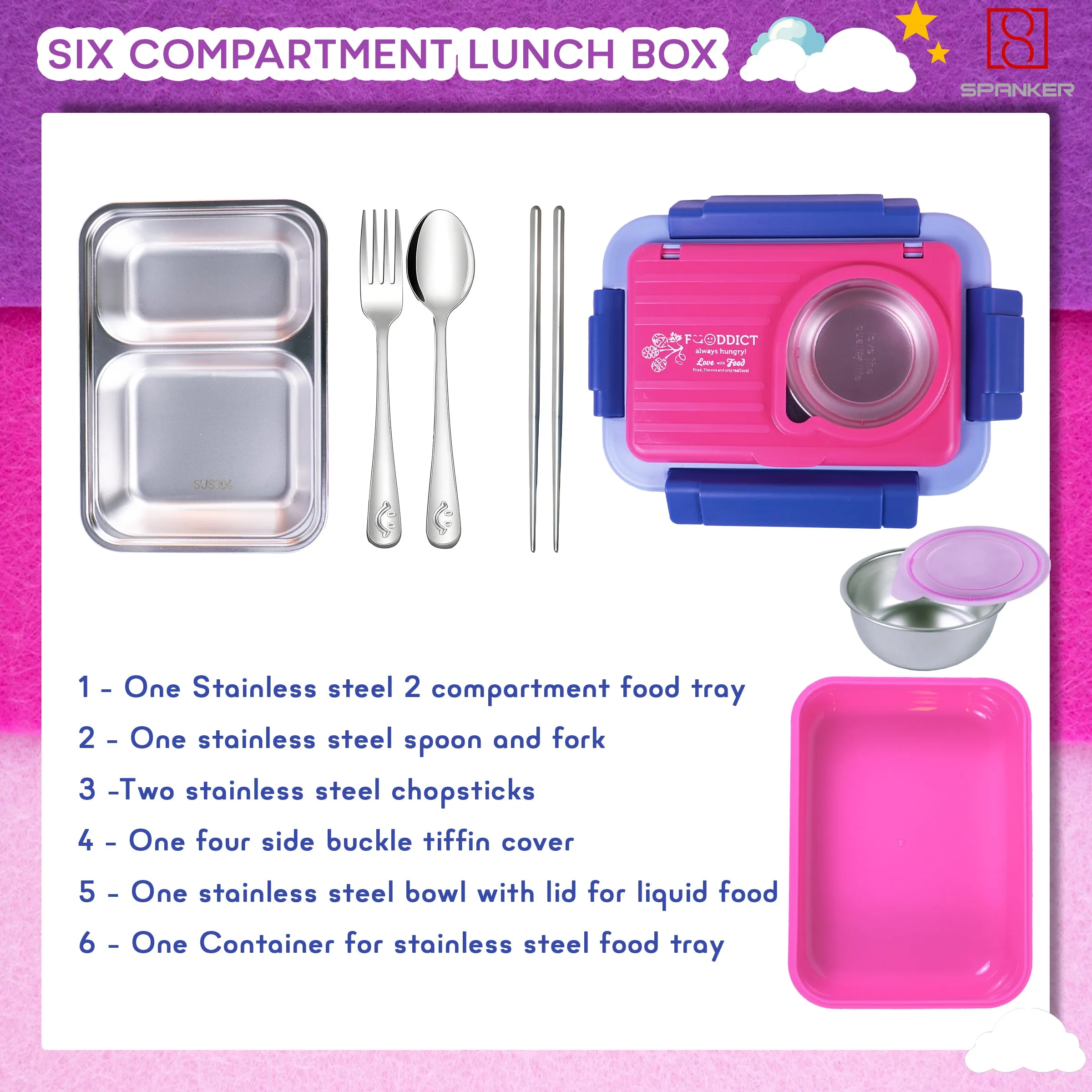 Spanker 1050ML Stainless Steel Insulation BPA Free Leak-Proof 5 Compartment Lunch Box with 3 pc Cutlery Bento Box for Kid Adult Student Children - Pink