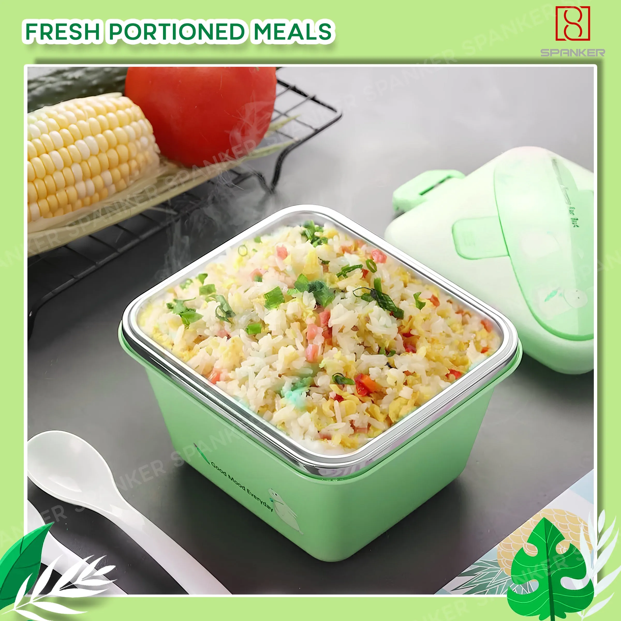 Spanker 600 ML Cartoon Design Portable Leak-Proof, BPA-Free Dishwasher Safe Stainless Steel Bento Box with Spoon & Fork for Toddlers Preschoolers - Green