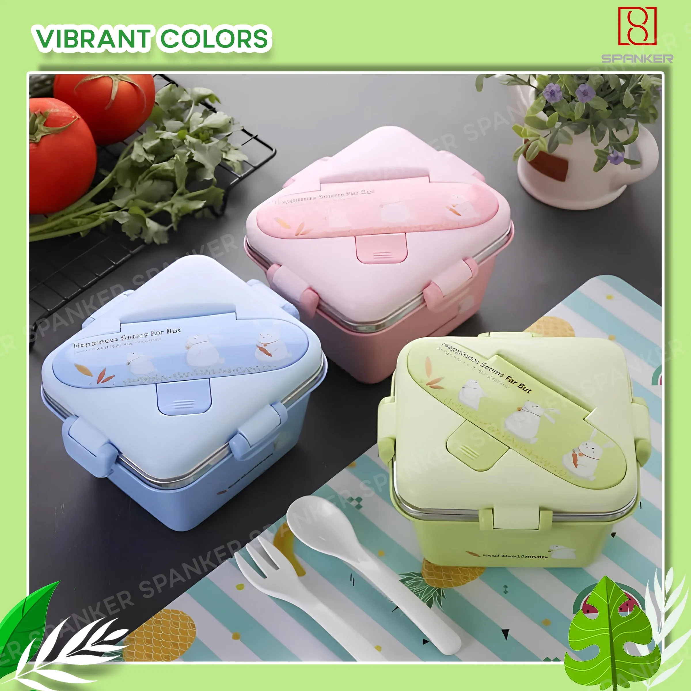 Spanker 600 ML Cartoon Design Portable Leak-Proof, BPA-Free Dishwasher Safe Stainless Steel Bento Box with Spoon & Fork for Toddlers Preschoolers - Green