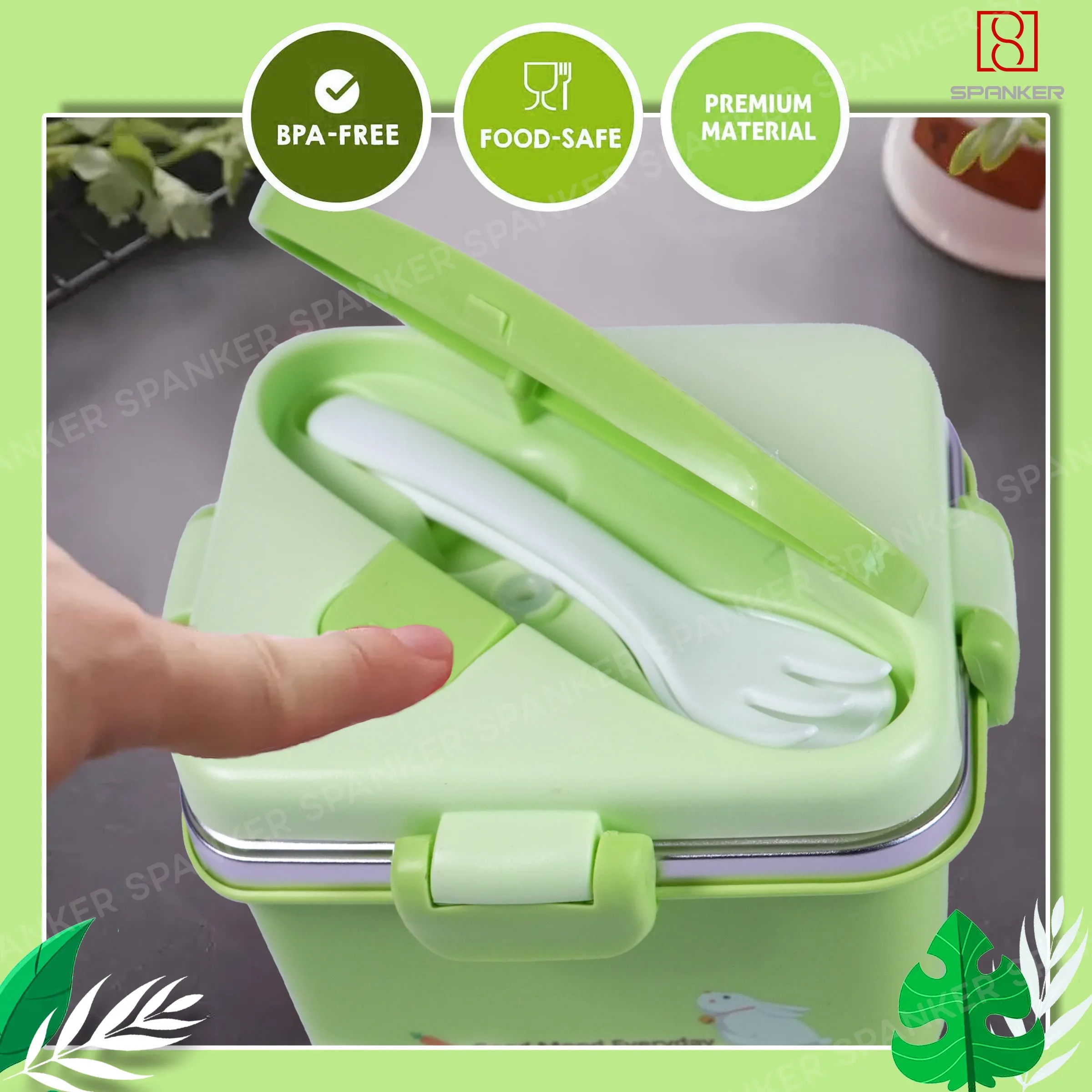Spanker 600 ML Cartoon Design Portable Leak-Proof, BPA-Free Dishwasher Safe Stainless Steel Bento Box with Spoon & Fork for Toddlers Preschoolers - Green