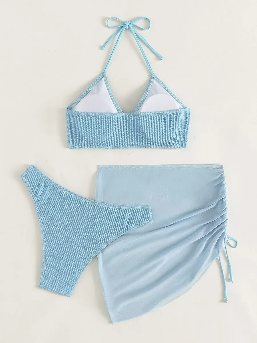 Textured Ring Linked Halter Bikini Micro Ribbed 3 Pieces