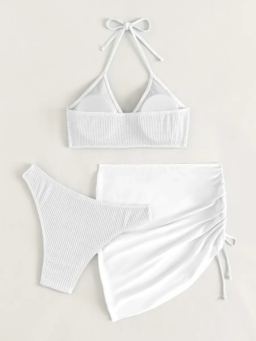 Textured Ring Linked Halter Bikini Micro Ribbed 3 Pieces