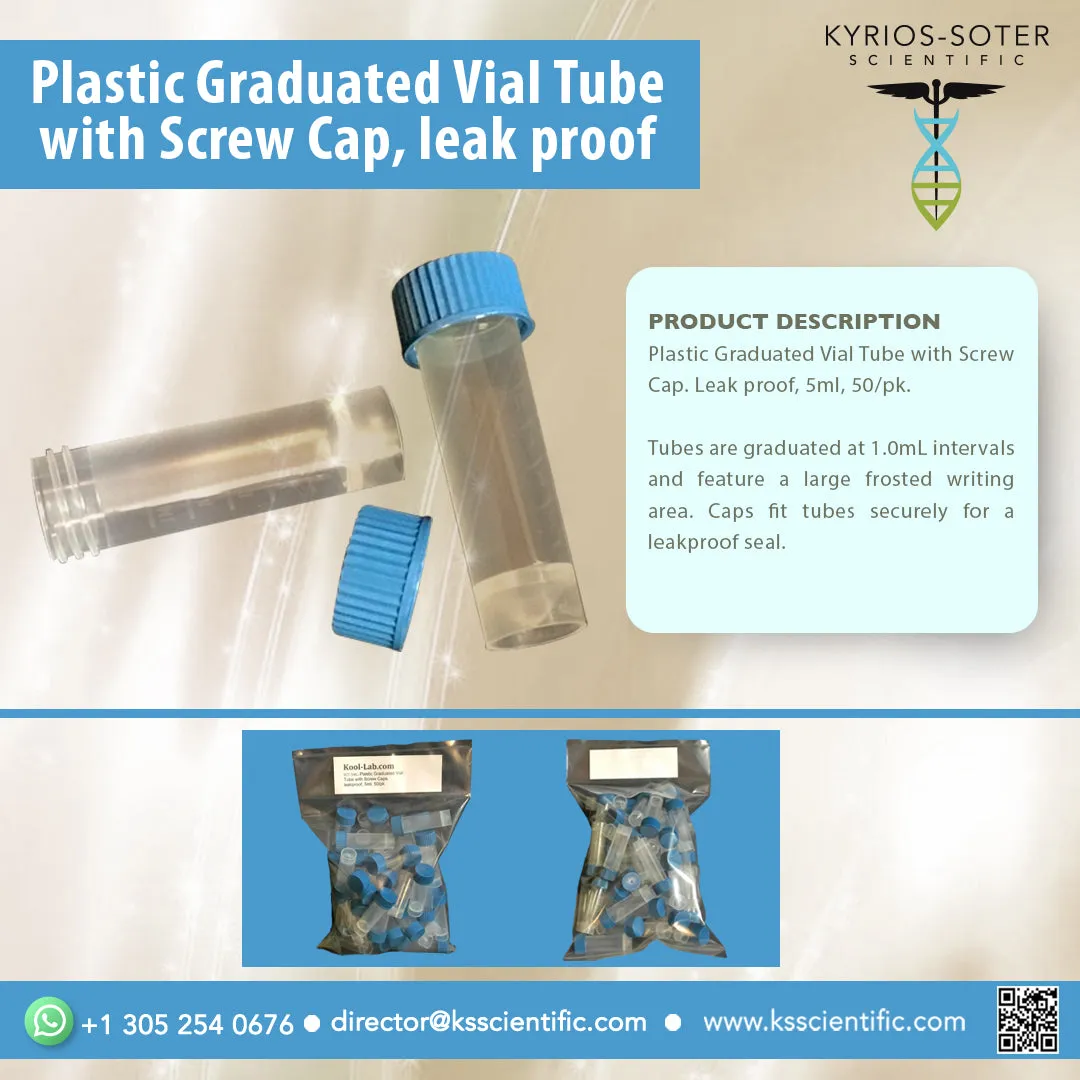 Transport Tube, Plastic Graduated, with Green or Blue leakproof Screw Cap, NON-STERILE Polypropylene, Conical Bottom, Self-Standing