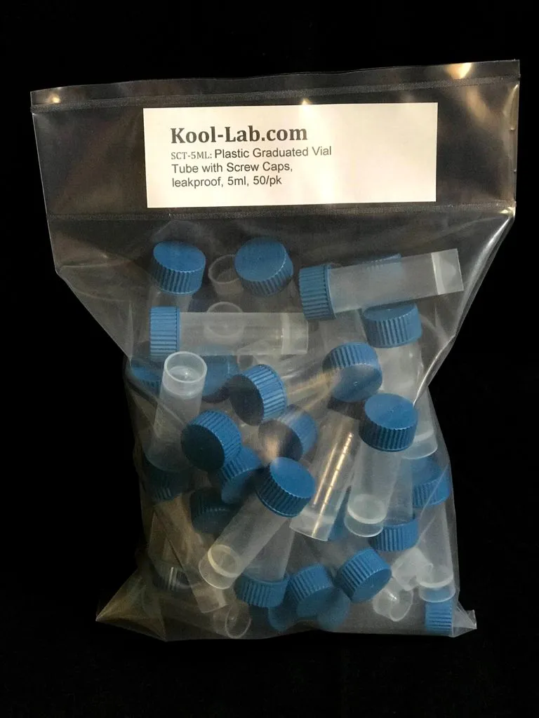 Transport Tube, Plastic Graduated, with Green or Blue leakproof Screw Cap, NON-STERILE Polypropylene, Conical Bottom, Self-Standing