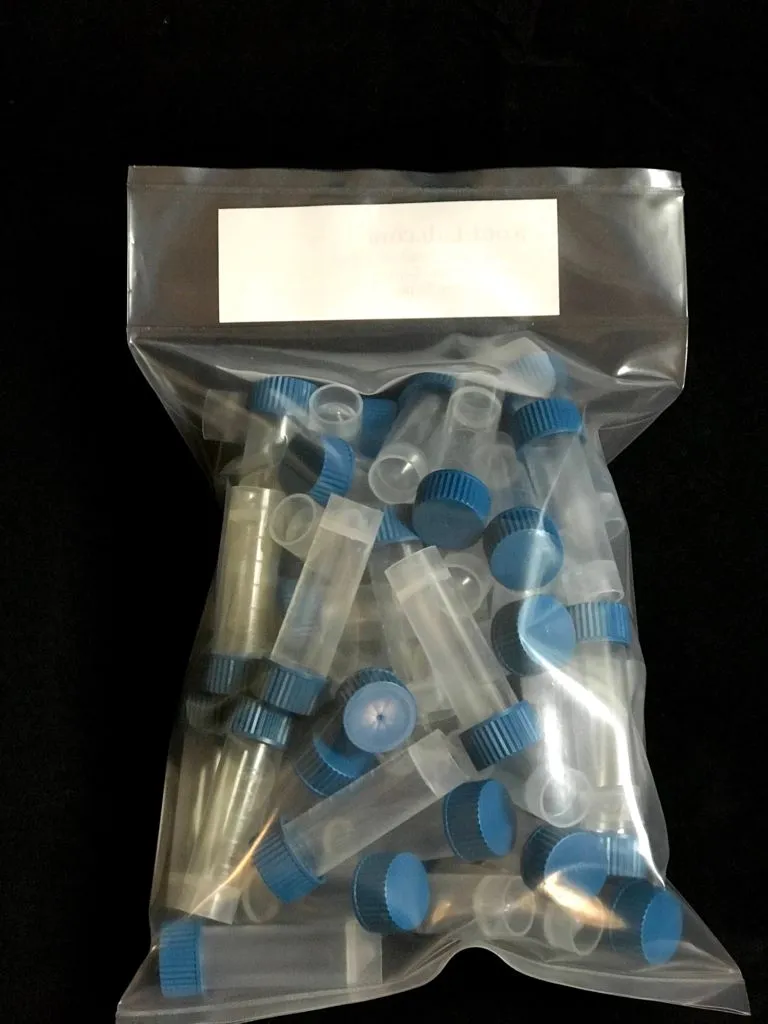 Transport Tube, Plastic Graduated, with Green or Blue leakproof Screw Cap, NON-STERILE Polypropylene, Conical Bottom, Self-Standing