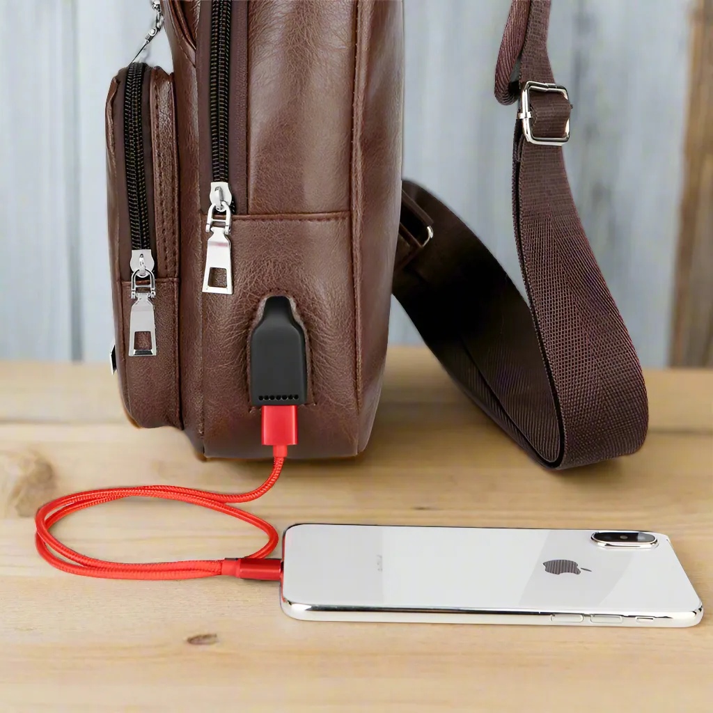 USB Portable Charging Chest/Messenger Bag with Adjustable Shoulder Strap and Soft Wear-resistant PU Leather and Front Pockets
