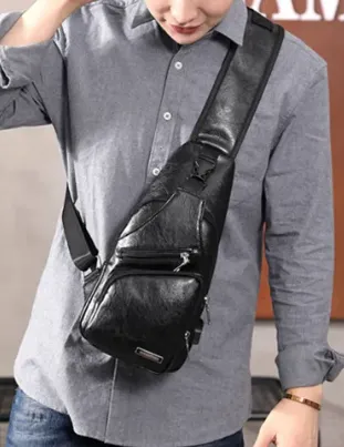 USB Portable Charging Chest/Messenger Bag with Adjustable Shoulder Strap and Soft Wear-resistant PU Leather and Front Pockets