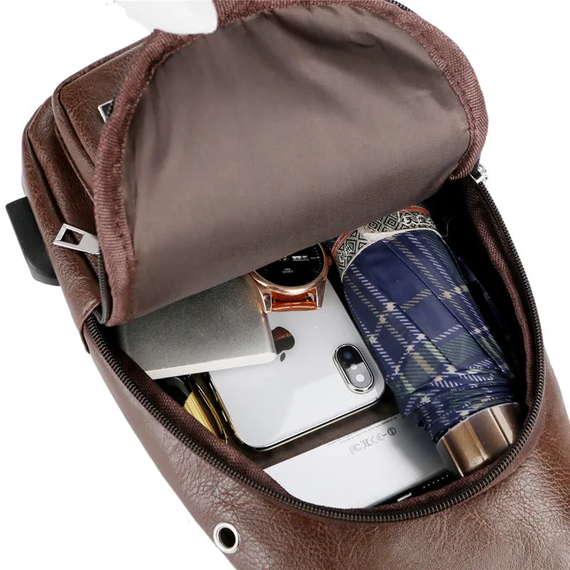 USB Portable Charging Chest/Messenger Bag with Adjustable Shoulder Strap and Soft Wear-resistant PU Leather and Front Pockets