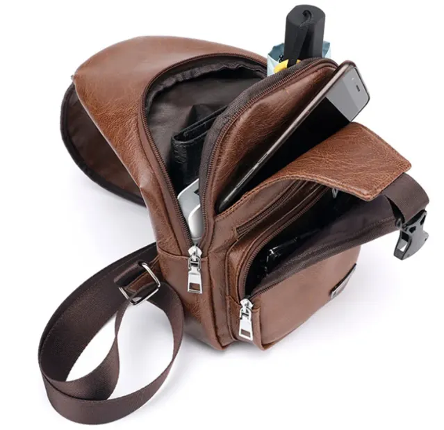USB Portable Charging Chest/Messenger Bag with Adjustable Shoulder Strap and Soft Wear-resistant PU Leather and Front Pockets