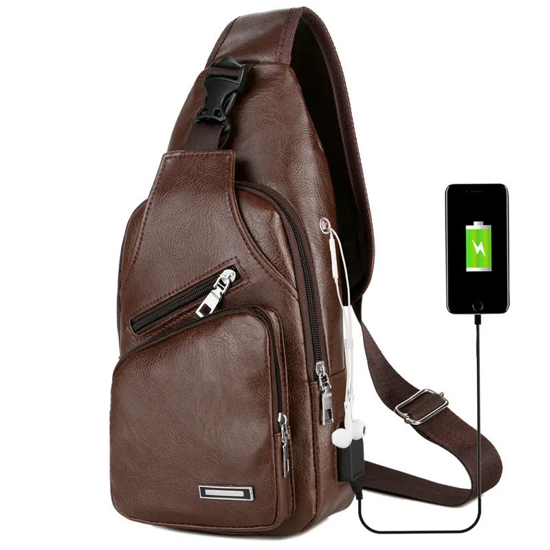 USB Portable Charging Chest/Messenger Bag with Adjustable Shoulder Strap and Soft Wear-resistant PU Leather and Front Pockets