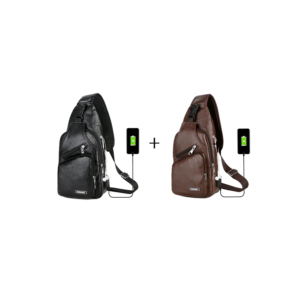 USB Portable Charging Chest/Messenger Bag with Adjustable Shoulder Strap and Soft Wear-resistant PU Leather and Front Pockets