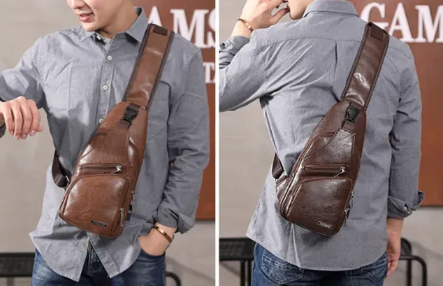 USB Portable Charging Chest/Messenger Bag with Adjustable Shoulder Strap and Soft Wear-resistant PU Leather and Front Pockets