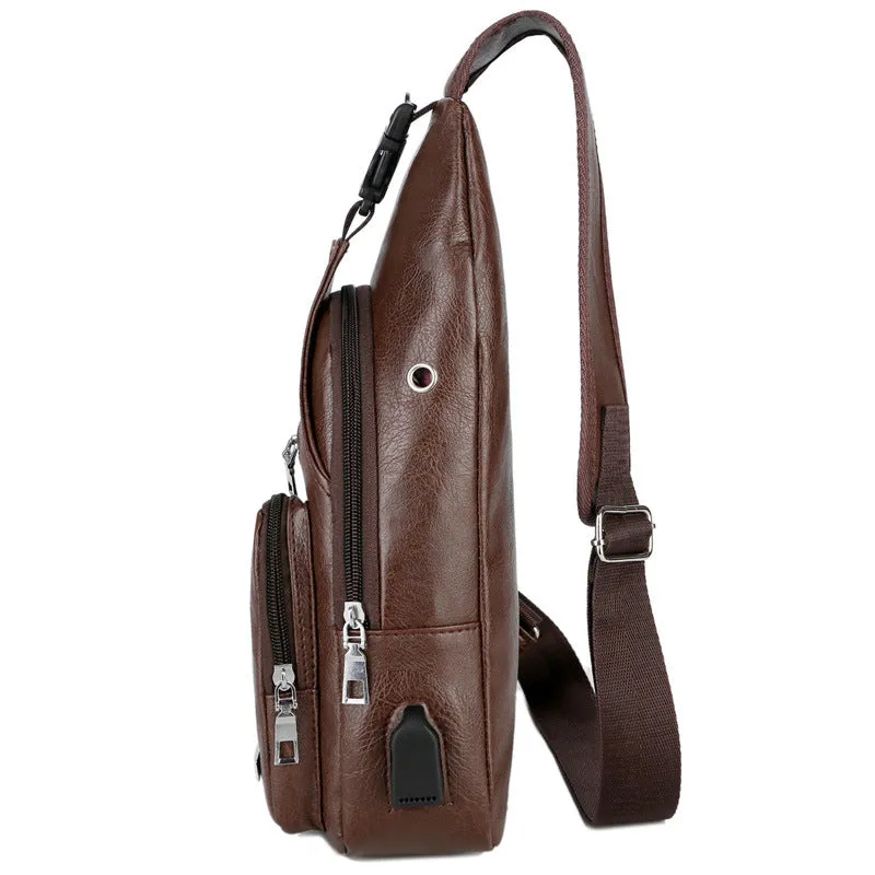 USB Portable Charging Chest/Messenger Bag with Adjustable Shoulder Strap and Soft Wear-resistant PU Leather and Front Pockets