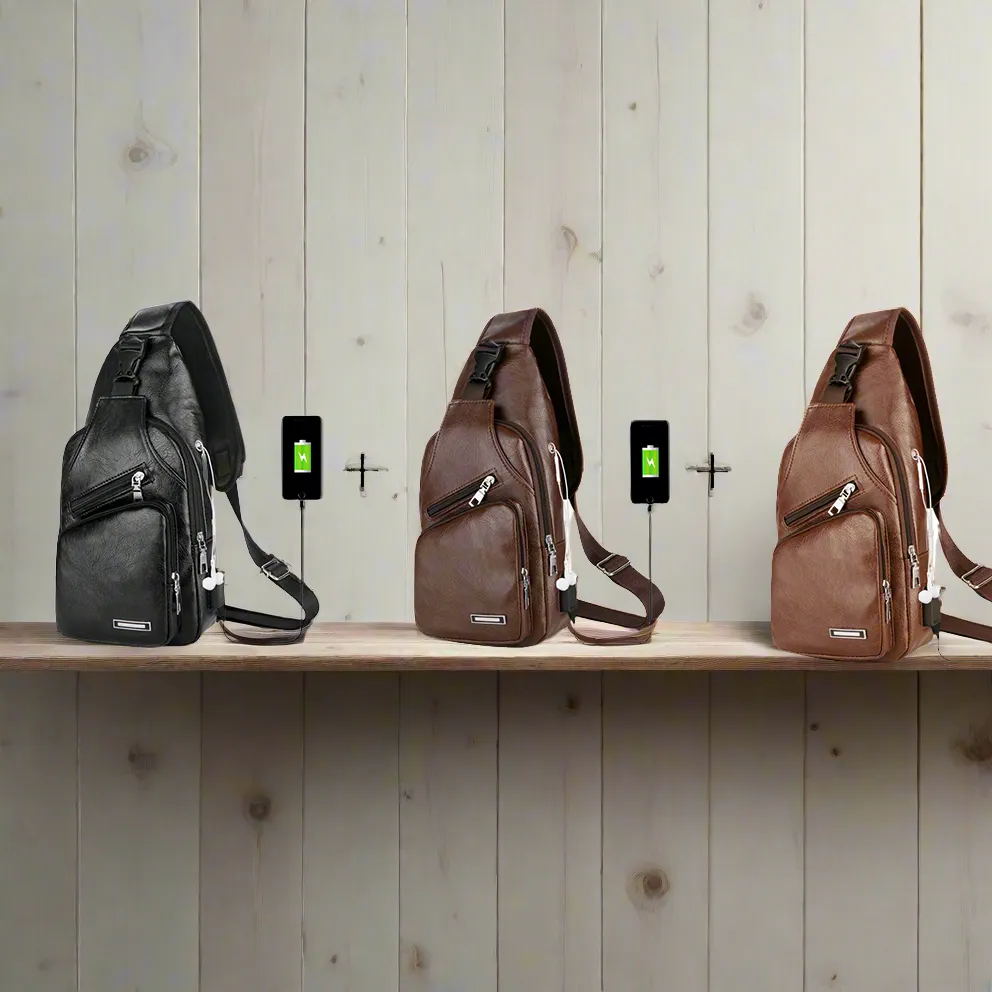 USB Portable Charging Chest/Messenger Bag with Adjustable Shoulder Strap and Soft Wear-resistant PU Leather and Front Pockets